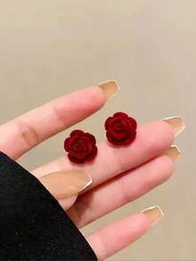 1对时尚经典浪漫酒红色玫瑰植绒耳环，优雅高端女士耳环 - 紅色 - 查看 5