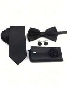 5件套伴郎领带套装，包括领带、领结、口袋巾、胸针、袖扣，黑色西装配饰，INS风格 - 黑色 - 查看 1