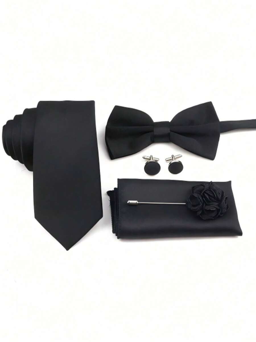 5件套伴郎领带套装，包括领带、领结、口袋巾、胸针、袖扣，黑色西装配饰，INS风格 - 黑色 - 查看 1