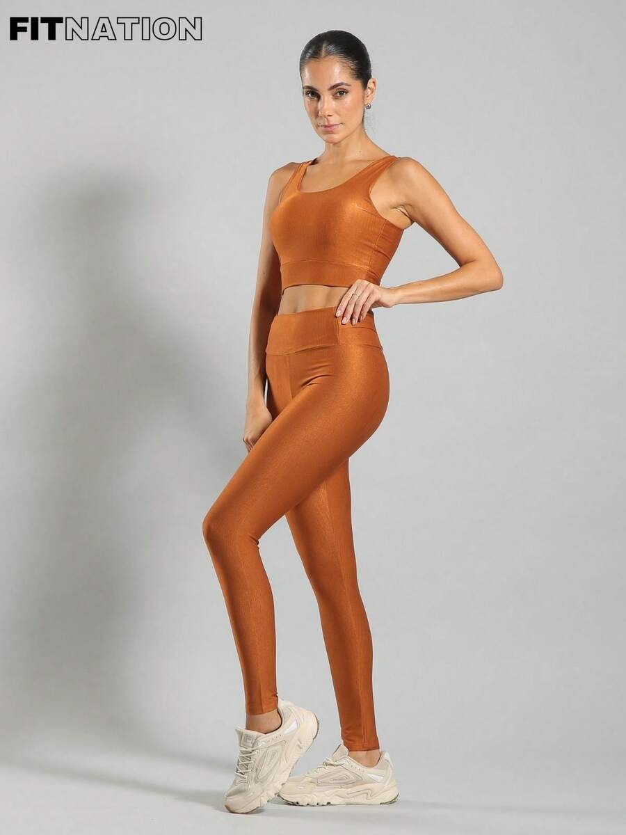 FITNATION Leggings Set With Waistband Pocket + Longline Cropped Top In Micro-Ribbed Fabric With SHINE And HIGH Elasticity And Support. - Terracotta - View 1