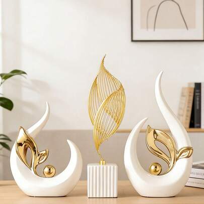 2pcs White And Gold Home Decor Set, Including Resin Figurine And Abstract Sculpture, Suitable For Decorating Dining Table, Coffee Table, Living Room, Dining Room, Kitchen Cabinet, Bar Cabinet, Halloween Room, Office Desk, Christmas, Living Room, And Wedding