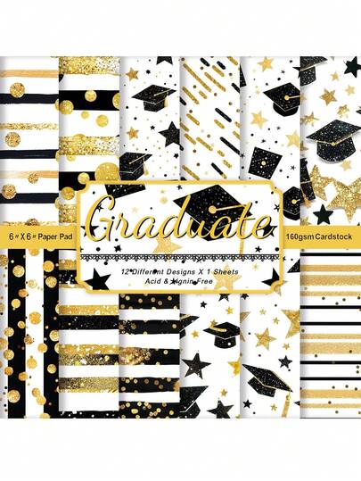 Conjunto de 12 folhas de papel para journaling com tema de formatura - O design apresenta uma combinação de motivos em preto e dourado, incorporando elementos como certificados de formatura, chapéus de formatura e detalhes florais, além de detalhes brilhantes. Ideal para criar cartões de presente, álbuns de recortes, embalagens de presente, colagens em diários e decorações com tema de formatura.