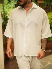 男士杏色亚麻混纺衬衫，简约修身短袖上衣，透气面料，度假风，宽松落肩设计 - 杏色 - 查看 1