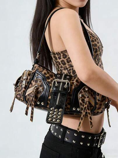 新款复古时尚豹纹腋下包，高端Y2K朋克铆钉摩托车通勤多功能单肩手提包