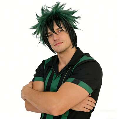 时尚尖刺绿黑动漫角色扮演假发，带刘海 - 耐热短款蓬松亮丽合成假发，适合男士角色扮演派对、服装活动、节日 - 轻盈舒适，易于造型和佩戴（均码）