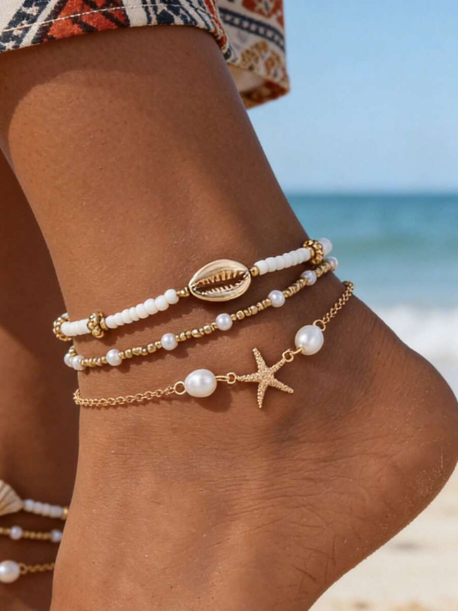 3pcs/Set Summer Beach Vacation Bohemian Starfish & Shell Beaded Layered Anklet Set (Women) - Gold - View 1