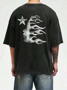 1 PcsMen's Printed Pattern Washed T-Shirt - Casual Loose Summer T-Shirt With Star And Flame Design, Adult Brown 100% Pure Cotton Round Neck Shirt, Breathable T-Shirt |     Avant-Garde Casual Wear |     100% Pure Cotton Printed T-Shirt210g 100% Cotton,The Patterns Are All Printed. Unisex.Summer Outfits For Women - Black - View 4