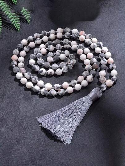 Dây chuyền phong cách Boho 8mm đá Jasper vân ngựa vằn hồng mờ, chuỗi hạt 108 hạt, dây chuyền cầu nguyện, trang sức thiền định, yoga với mặt dây chuyền tua rua dành cho nam và nữ.