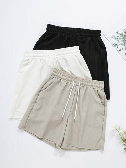 3pcs/Set Solid Color Casual Shorts With Drawstring, Elastic Waist Pockets, Women's Summer Sports Shorts, Jogging Shorts, Lounge Shorts