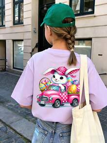 Tween Girls' Casual Funny Print Crew Neck Short Sleeve T-Shirt, Summer Top - Mauve Purple - View 3