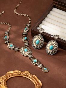 Bộ 3 món trang sức mặt dây chuyền và hoa tai khảm ngọc lam phong cách Boho cổ điển, họa tiết hoa chạm khắc, quyến rũ phương Tây để đeo hàng ngày - Bộ hình bầu dục cổ điển - Xem 7
