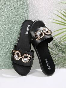 Sandalias de mujer con decoración de rhinestones, cómodas y casuales para uso en exteriores, minimalistas de una sola tira, diapositivas planas negras, de moda, nuevas llegadas de verano - Negro - Ver 8