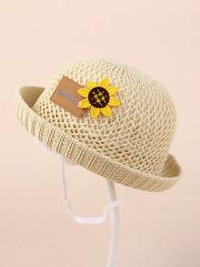 1pc Unisex Baby/Toddler Knitted Breathable Sun Protection Hat, Infant Beach/Wind Resistant Round Top Straw Hat - MINI - View 4