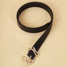 1pc Double Snake Head Rhinestone Crocodile Embossed PU Leather Belt For Women - Black - View 4