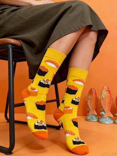 1 Pair Orange Sushi Print Casual Crew Socks, Street Fashion, Spring/Summer