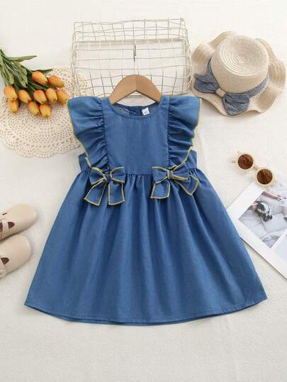 Girls' Casual Fashion Cap Sleeve Bow Tie Princess Patchwork Beach Dress, Summer