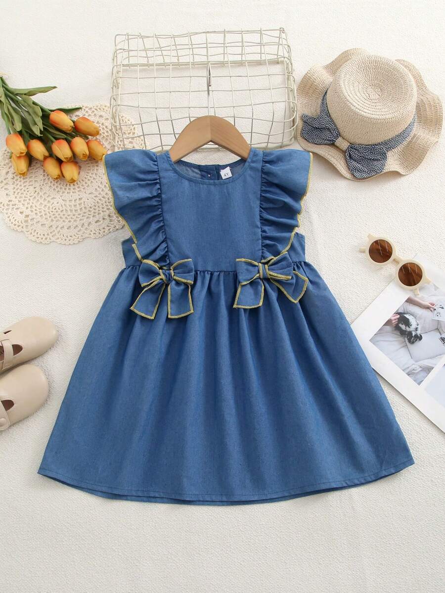 Đầm công chúa tay ngắn kiểu dáng thường ngày, thắt nơ, phối nhiều mảnh, thích hợp mặc đi biển cho bé gái, mùa hè. - Màu xanh lam - Xem 1