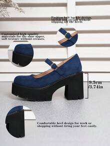 女士舒适防滑休闲厚底黑色坡跟乐福鞋，四季皆宜 - 藍色 - 查看 9