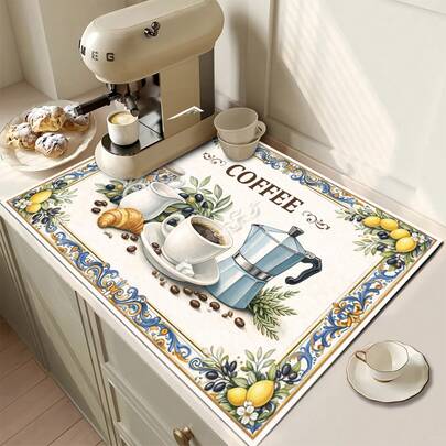 1pc Coffee Pattern Absorbent Drying Mat, Kitchen Decor Coffee Machine Mat, Handmade Coffee Pot Draining Pad, Kitchen Floor Mat, Dining Table Mat, Kitchen Counter Bowl Drying Mat, Breakfast Mat, Anti-Slip Heat-Resistant Draining Mat, Diatomite Draining Mat, Hides Stains, Super Absorbent Kitchen Mat, Easy To Clean Dish Rack Mat, Suitable For Kitchen, Dining Table, Coffee Shop, Bar, Holidays, Parties, Home Decor, Holiday Gifts