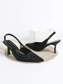 Giày cao gót nữ màu đen da lộn, mũi nhọn, kiểu dáng slip-on, thích hợp cho tiệc cưới, cao 7cm, có quai buộc cổ chân. - màu đen - Xem 4