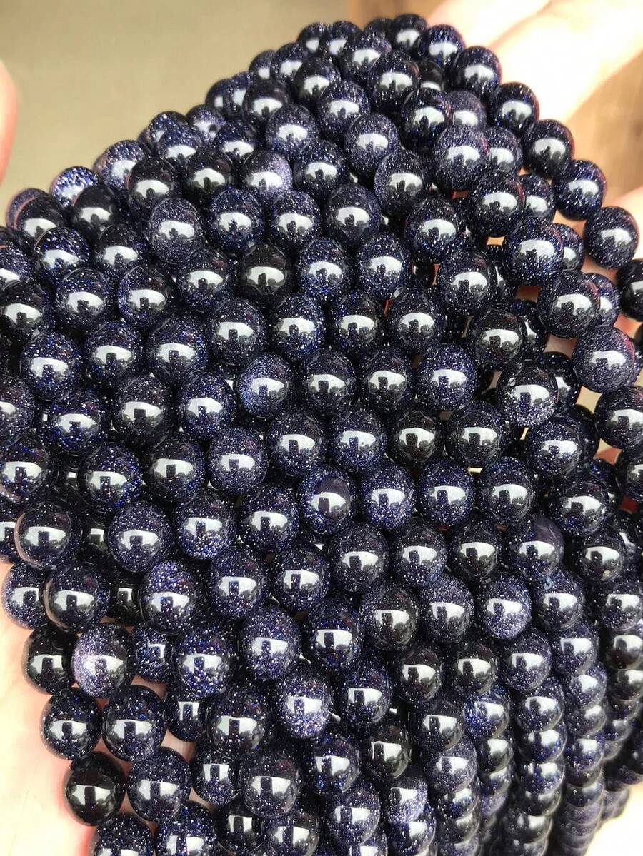 1串天然散珠圆形深蓝色星系砂岩宝石念珠，夜空蓝金砂石珠，适用于DIY首饰制作，尺寸4毫米、6毫米、8毫米 - 藍色 - 查看 1