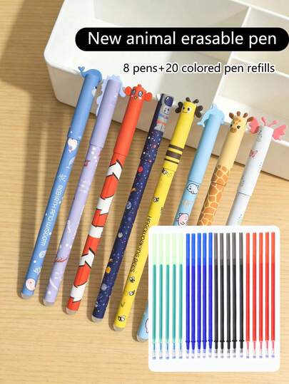 28支装全新动物造型可擦凝胶笔套装，多色墨水，包含彩色笔芯，适用于书写、绘画、作业、涂鸦，可用作学生奖励、返校礼物。