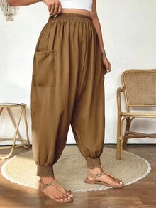 Pantalones holgados de talle alto con bolsillos de unicolor para mujer de talla grande, uso versátil para uso diario en primavera - Marrón - Ver 5