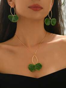 1 Set Versatile Leaf Enamel Gradient Pendant Necklace & Earrings Set, Casual Style Jewelry Set For Women - Green - View 4