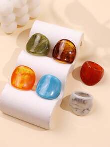 6pcs/Set Fashionable Glamorous Sparkling Unique Delicate Creative Luxury Versatile Elegant Geometric Colorful Resin Rings, Suitable For Women's Daily Wear, Festivals And Parties - Multicolor - View 4
