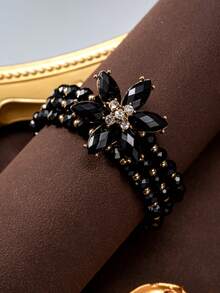 1pc Fashionable Vintage Luxury Floral Sparkling Rhinestone Inlaid Glass Beaded 3-Layer Bracelet, Suitable For Banquet, Holiday, Party Wear - Black - View 3
