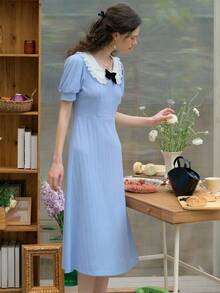 Simple Retro Đầm nữ kiểu búp bê phối màu thắt nơ, phong cách nghỉ mát - Màu xanh lam - Xem 6