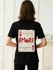 Short-Sleeve Women's Summer Round-Neck T-Shirt, Printed With A "Red Ace" Poker Pattern, Vintage Loose Casual Style. Suitable For Summer, Beach, Street, Daily Wear, Work, Office Parties, Vacations, Carnivals, Music Festivals, Valentine's Day, Parties, And Other Occasions. Black, 100% Cotton - 黑色 - 查看 2