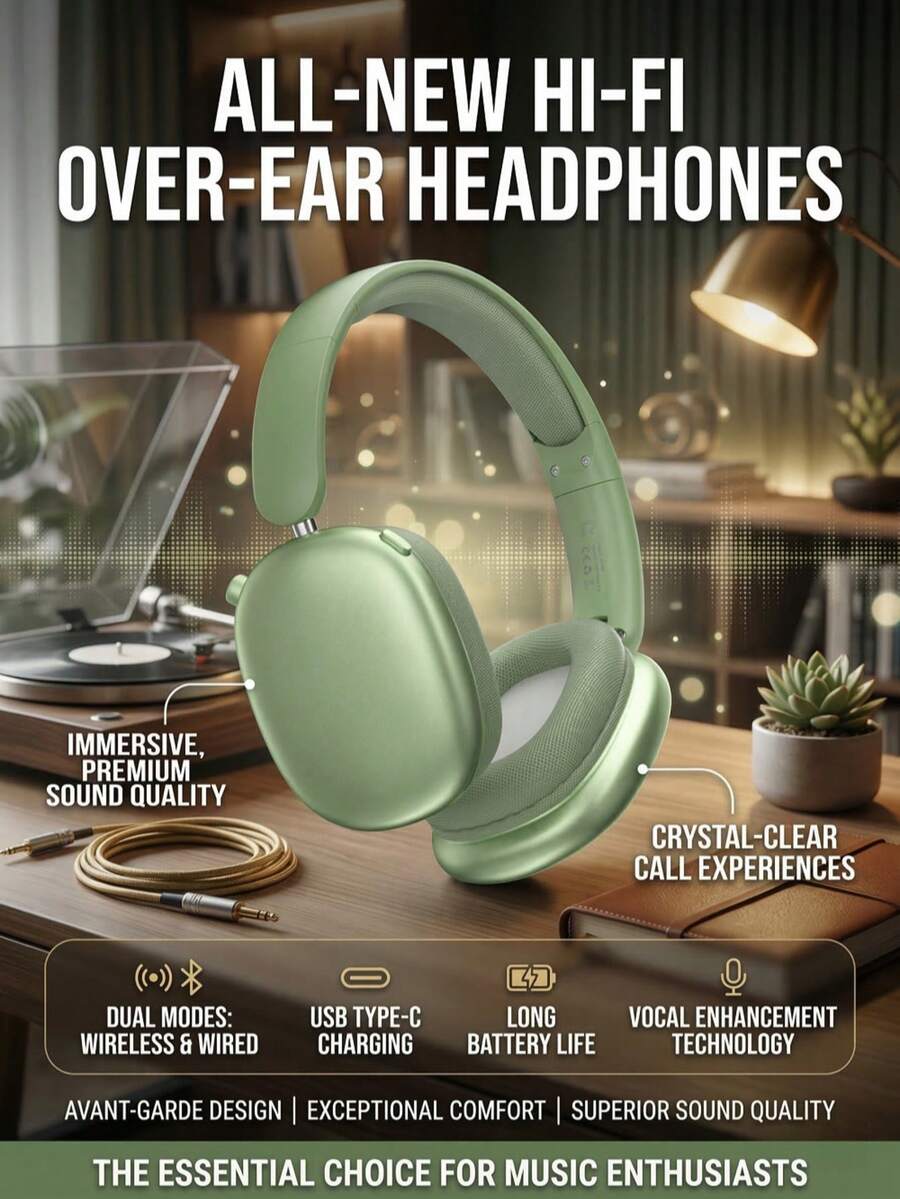 New Over-Ear HiFi Wireless Headphones - Immersive Sound, Clear Calls, USB-C Charging, Comfortable Fit, Rechargeable Battery, Portable & Stylish Design, Perfect Gift For Music Lovers - 查看 1