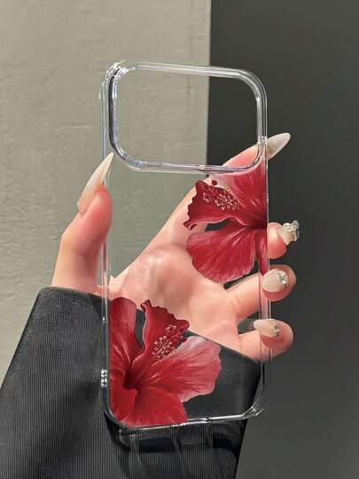 Flower Transparent Minimalist Red Hibiscus Pattern Phone Case, Spring Outfit Essential, Suitable For Daily Use, Compatible With IPhone 17 Pro Max/17 Pro/17/16/16 Pro/16 Plus/16 Pro Max/12/12 Pro/12 Pro Max/15/15 Pro/15 Pro Max/13/13 Pro/13 Pro Max, Naked Phone Feel