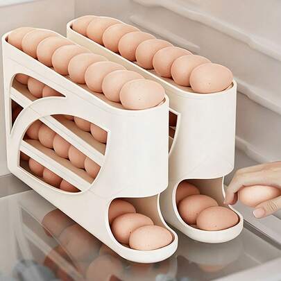 1PC Rolling Egg Rack - Space-Saving Side-Door Design, Can Hold 30 Eggs, Smooth And Glossy Finish, Convenient Handle, Suitable For Kitchen And Refrigerator Storage |     Modern Kitchen Accessories |     Durable Plastic Material