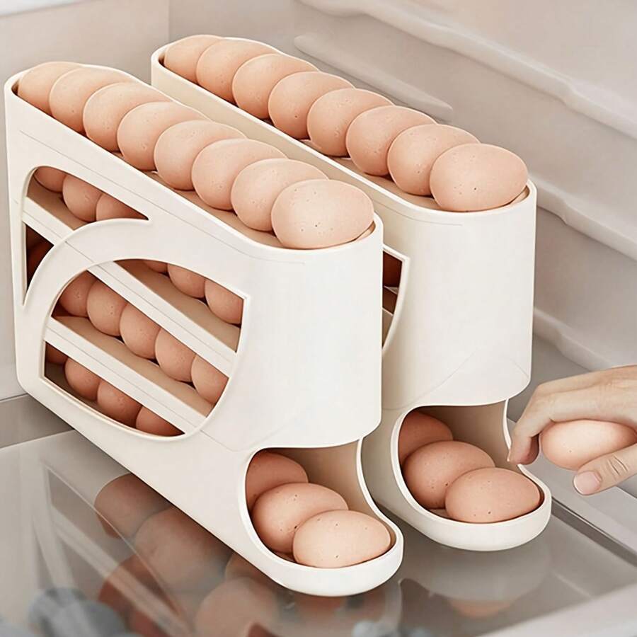 1PC Rolling Egg Rack - Space-Saving Side-Door Design, Can Hold 30 Eggs, Smooth And Glossy Finish, Convenient Handle, Suitable For Kitchen And Refrigerator Storage | Modern Kitchen Accessories | Durable Plastic Material - Trứng trắng, 1 gói (30 quả trứng mỗi gói) - Xem 1