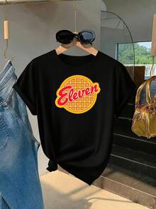Eleven Waffle Pattern Women's Casual T-Shirt, Fashionable Short Sleeve Design, Comfortable Fit, Classic Design For All Seasons - 黑色 - 查看 8