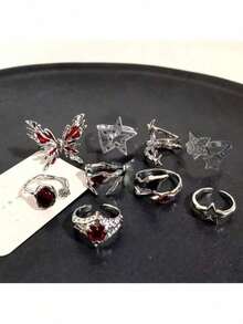 Bộ 1-8 chiếc nhẫn phong cách Punk Harajuku Gothic gai nhọn màu đen và bạc, hình trái tim bất đối xứng và hình chữ thập, phụ kiện phong cách Grunge thập niên 90 Y2K dành cho các cặp đôi. - màu đen - Xem 5