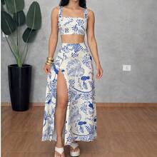 Women's Tropical Toucan Print Set – Cropped Top And Long Skirt With Slit, Summer Look - 藍色 - 查看 1