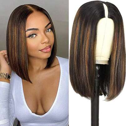 Tóc giả bob ngắn thẳng, rẽ ngôi chữ V, highlight nhiều màu sắc, làm từ tóc thật, độ dày 200%, kiểu ombre, không cần keo dán, dành cho nữ, màu 1B/30 pha trộn, kiểu kẹp cài, rẽ ngôi chữ V, nâng cấp lên kiểu tóc bob rẽ ngôi chữ U.
