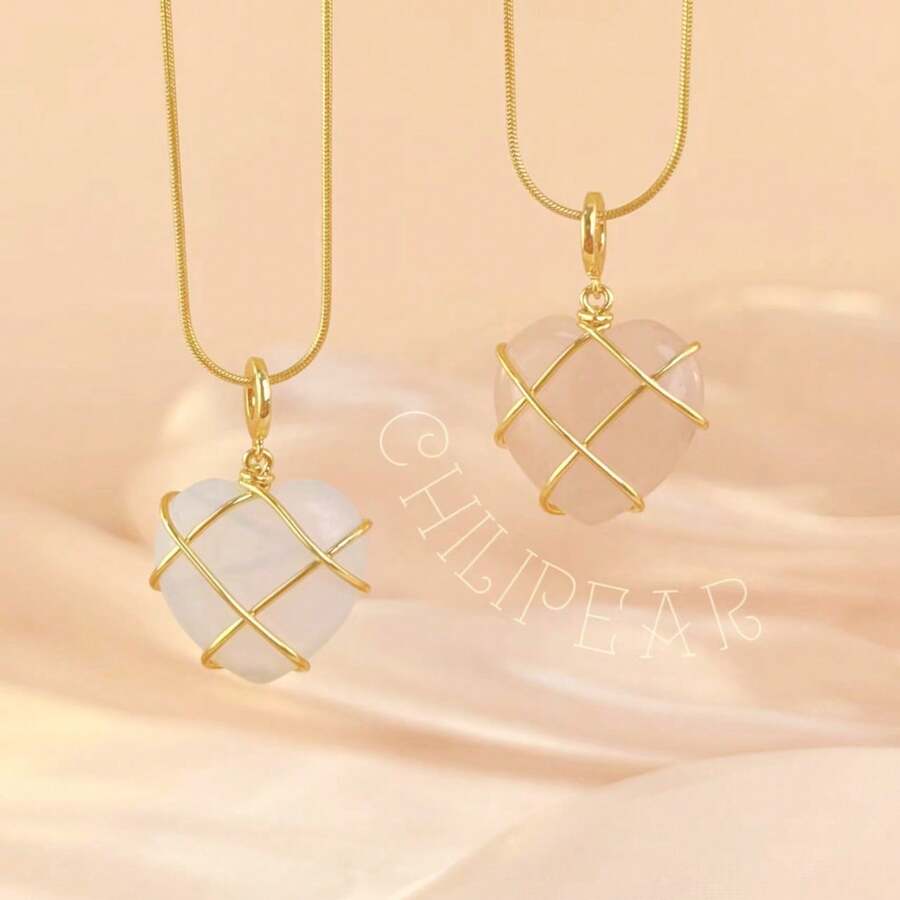 1件波西米亚风不锈钢女士心形扭纹吊坠项链，时尚精致锁骨链，适合夏季海滩度假，百搭 - 彩色 - 查看 1