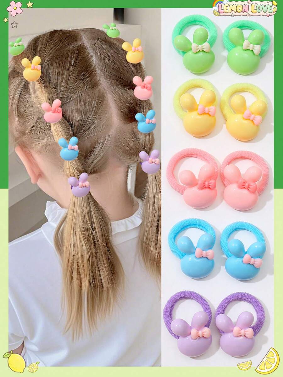 10 piezas de Scrunchies de colores para niñas, decorados con elementos de conejo, flor, estrella y lazo, diseño dulce y adorable, accesorio de cabello perfecto como regalo para niñas, adecuado para peinados diarios y combinación de atuendos