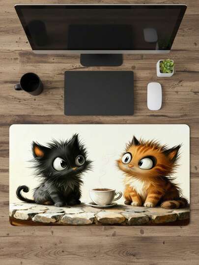 Extra Large Gaming Mouse Pad - Cute Black & Orange Cat Coffee Theme Design, Healing Cartoon Style, Non-Slip Rubber Base, Smooth Surface, Suitable For Office, Gaming, Computer, Desk Mat, Keyboard Pad, Gift For Gamers, Compatible With Mouse And Trackball