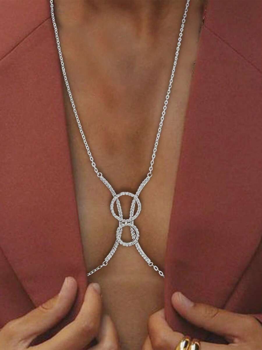 1pc Silver Sexy Crystal Double Circle X Body Chain Necklace, Women Summer Beach Bikini Body Jewelry - Silver - View 1