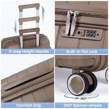 20 Inch Cabin Suitcase 55x40x20cm, PP Hard Shell Lightweight Carry On Luggage With 4 Silent Spinner Wheels & TSA Lock - Champagne - View 8