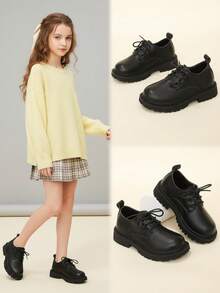 1 Pair Lace-Up Loafers, Solid Color Matte PU Fabric, Thick Anti-Slip Sole, Soft Lining, Slip-On Design, Round Toe, Comfortable Interior, Versatile Fashion Campus Shoes, Suitable For Boys And Girls Aged 5-15, For Performance, School, Ceremony, Daily Wear, Spring/Summer New Style - Black - View 9