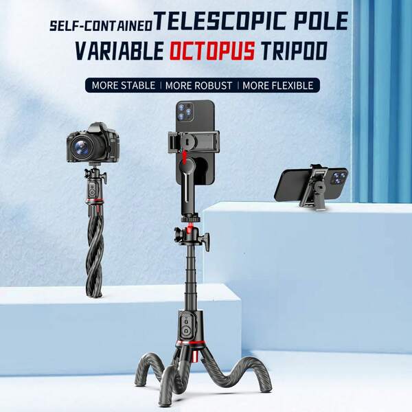 Giá đỡ điện thoại đa năng hình bạch tuộc xoay 360°, gậy selfie điều khiển từ xa Bluetooth cầm tay, tương thích với máy ảnh DSLR/Mirrorless, chân đế linh hoạt, khớp cầu ổn định, Bluetooth không dây, kẹp điện thoại có thể tháo rời, khe cắm phụ kiện mở rộng.