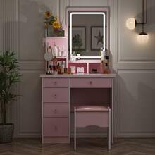 Makeup Vanity Set With Intelligent Touch LED Lighted Mirror, 5 Drawers, 4 Storage Shelves, And Cushioned Stool – Modern Dressing Table With Upgraded Crystal Handles And Smooth Drawer Slides - Pink-with light - 查看 2