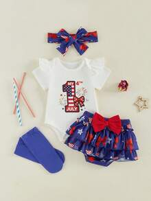 My First 4th Of July Outfit Baby Girl Letter Romper +Star Skirt Shorts Bloomers Set Memorial Day Clothes Summer, My 1st Fourth Of July Baby Girl Outfit, Baby Girl 4th Of July Romper Dress Set, 4th Of July  Baby Girl Outfit 0-3M 3-6M 6-9M 9-12M 12-18M - 白色 - 查看 7