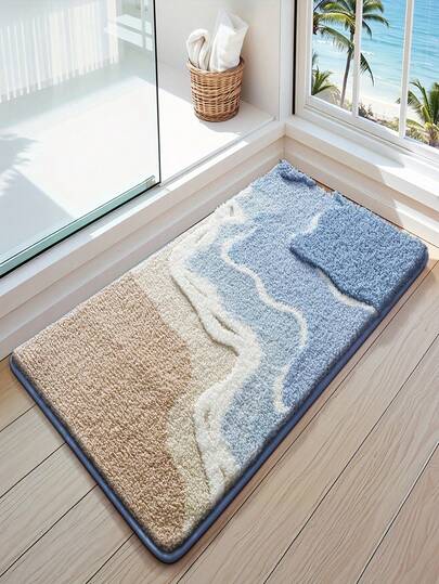 1 Piece Of Cashmere Bathroom Floor Mat, Fluffy And Absorbent, Beach Pattern, Household Bathroom Floor Mat, Bathroom Carpet, Toilet Floor Mat, Home Decoration